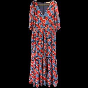 Hutch Anthropologie Blue Orange Yellow Citrus Ruffle Hem Maxi Dress NWOT